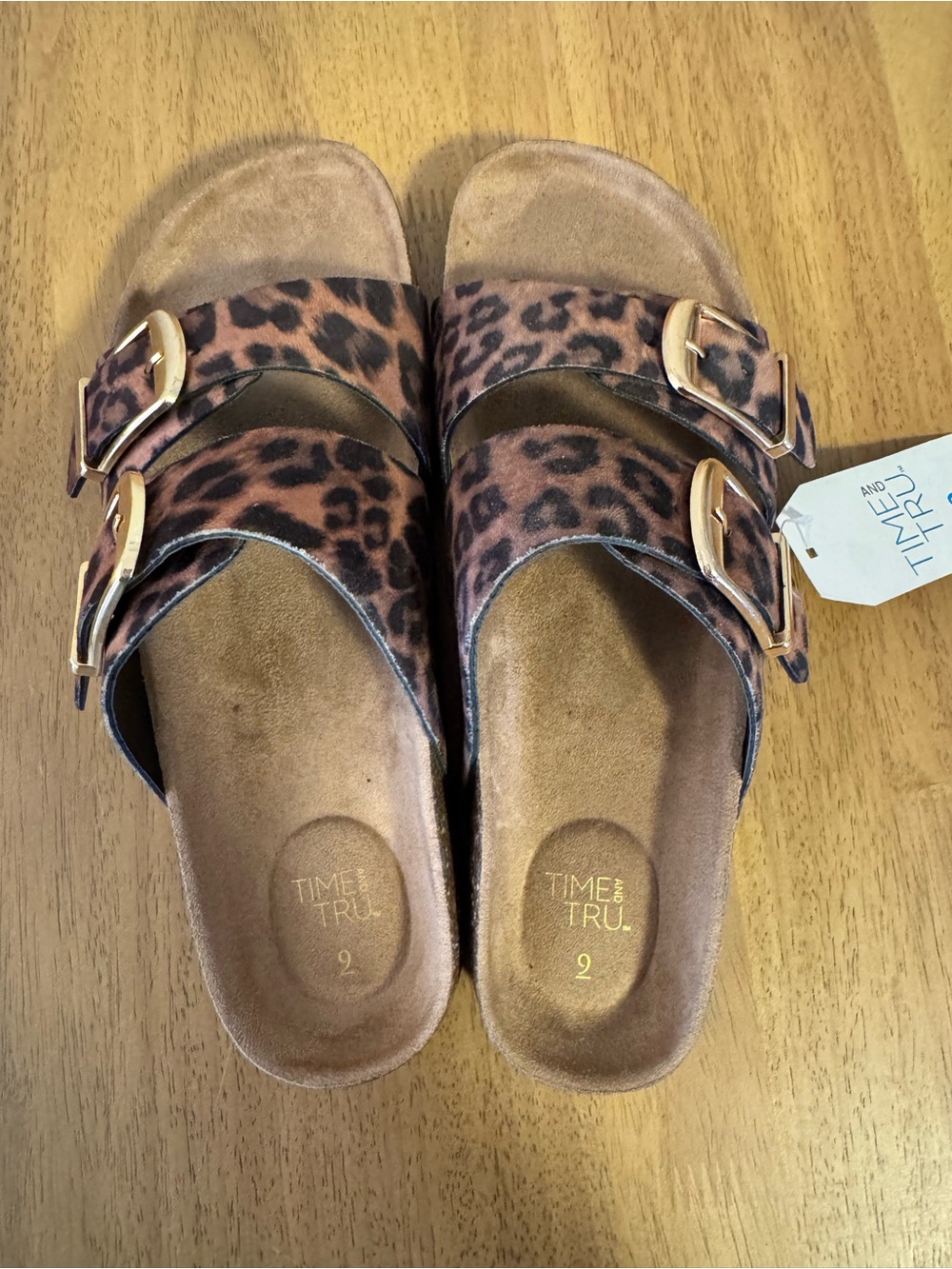 Time and Tru Leopard Print Double-Buckle Slide Sandals - Brown & Black